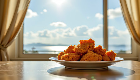 A plate of freshly cooked chicken pieces sits on a table, with a breathtaking ocean view and bright sky visible through large windows, creating a cozy dining atmosphere.の素材