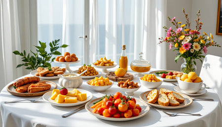 A delightful breakfast spread featuring an array of fresh fruits, pastries, and flowers, set on a table by large windows offering a scenic view.の素材