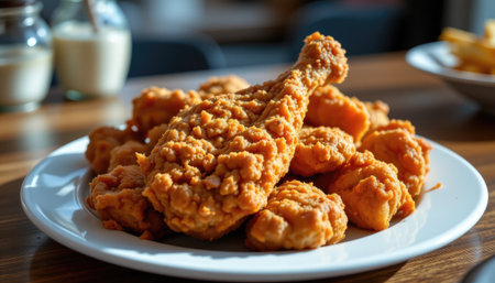 A mouthwatering plate of crispy fried chicken, featuring a drumstick and chicken bites, perfect for a satisfying meal or snack.の素材