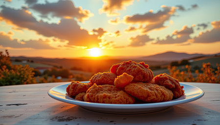 A mouthwatering display of golden fried chicken rests on a plate as the sun sets behind a picturesque landscape, capturing the essence of outdoor dining.の素材