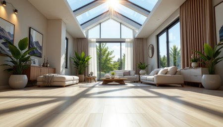 A beautifully designed modern living room filled with natural light, featuring large windows, indoor plants, and minimalist furniture. This inviting space embodies a contemporary aesthetic, perfect for relaxation and comfort. The open layout enhances the airy feel, while the wooden flooring complements the elegant decor.の素材