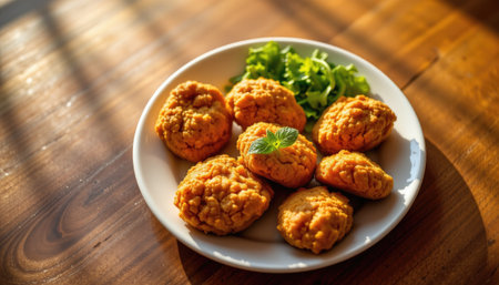 A mouthwatering display of crispy vegetarian patties served on a white plate accompanied by fresh greens, captured in warm natural light on a rustic wooden table. Perfect for food enthusiasts and culinary inspiration.の素材