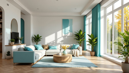 This contemporary living room features a bright and airy design with modern decor, ample natural light, and vibrant turquoise accents, perfect for relaxation.の素材