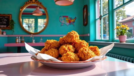 A tempting display of golden fried chicken nuggets on a decorative plate, captured in a bright and colorful restaurant atmosphere, creating an inviting dining experience.の素材