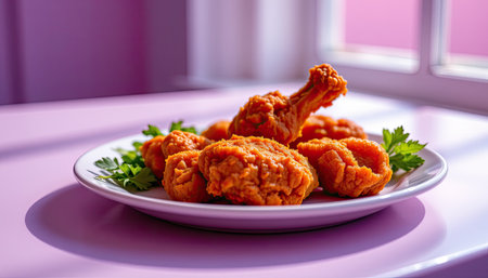 A plate of crispy fried chicken featuring drumsticks and wings, beautifully garnished with fresh parsley, set against a vibrant pink backdrop, creating a delightful culinary visual.の素材
