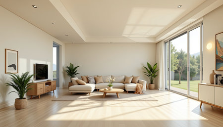 This image captures a bright and modern living room featuring minimalist design elements. Large windows invite natural light, creating a cozy atmosphere.の素材