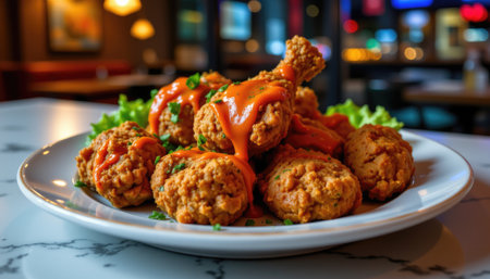 A vibrant plate of crispy fried chicken bites drizzled with spicy sauce and garnished with fresh lettuce, perfect for culinary enthusiasts.の素材