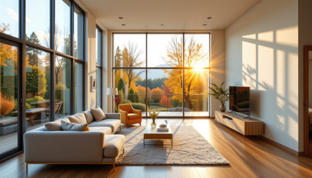 A modern living room featuring large windows that showcase a breathtaking autumn landscape at sunset. Warm colors and stylish furniture create a cozy atmosphere.の素材