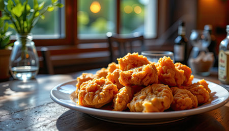 A tempting display of crispy fried chicken pieces on a white plate, showcasing comfort food in a cozy restaurant setting with soft natural light.の素材