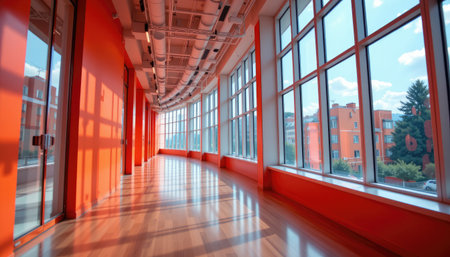 A spacious corridor featuring large windows and vibrant orange walls, creating a bright and inviting atmosphere. Ideal for various architectural themes.の素材