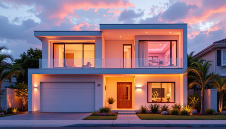 This image captures a stunning modern home exterior illuminated at sunset, highlighting its sleek architecture, elegant landscaping, and inviting atmosphere.の素材