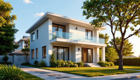 This image showcases a modern two-story house with large windows, surrounded by a vibrant garden, capturing a serene and inviting residential environment in daylight.の素材
