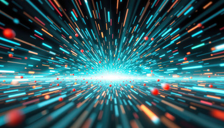 Immerse in a dynamic scene featuring colorful light rays and particles that create a futuristic and vibrant atmosphere, perfect for various creative projects.の素材