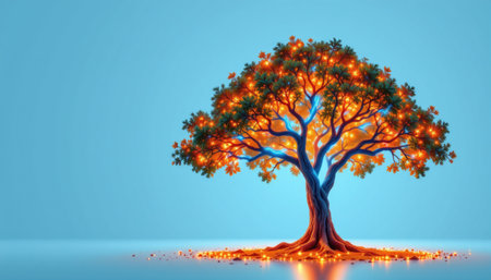 This artistic image features a beautifully designed tree with vibrant leaves and bright lights set against a calming blue background, symbolizing creativity and nature.の素材