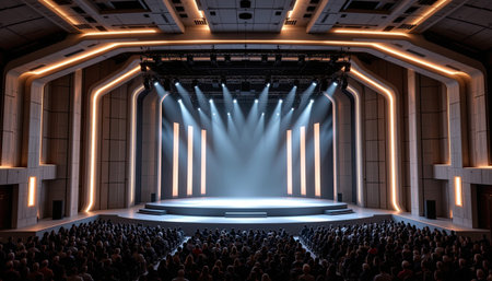 An elegant modern theater stage with bright lights and a spacious design, showcasing a striking ambiance for various performances and events.の素材