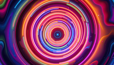 This vibrant abstract background features swirling circular patterns and colorful light trails, creating a dynamic and energetic visual effect ideal for creative projects.の素材