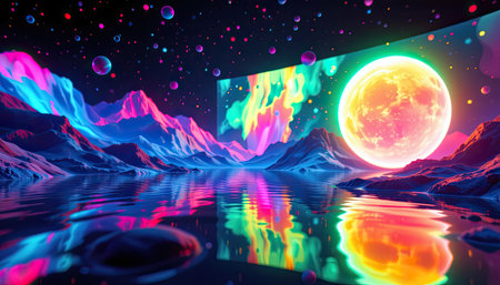 A stunning surreal landscape featuring colorful mountains, a large moon casting light on serene water, and vibrant colors creating a dreamlike atmosphere.の素材