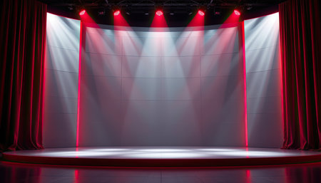 An empty stage featuring vibrant red lighting casts dramatic shadows across a smooth floor, perfect for presentations, performances, or artistic showcases.の素材