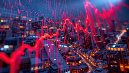 This striking digital artwork depicts a dramatic financial market drop over a bustling urban landscape, showcasing a red chart line representing economic decline against a vibrant city skyline at night.の素材