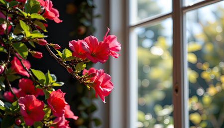 A close-up of bright pink flowers near a window, beautifully illuminated by soft natural light, creating a serene indoor atmosphere filled with color.の素材