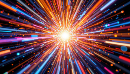 Experience a mesmerizing visual of vibrant light rays exploding from a central point, creating a dynamic and energetic atmosphere. Perfect for creative projects.の素材