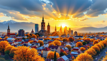 A stunning sunset illuminates a cityscape featuring a blend of modern skyscrapers and historic architecture, surrounded by vibrant autumn foliage.の素材