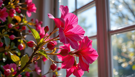 This captivating image features bright pink flower blooms elegantly arranged near a sunlit window, radiating warmth and tranquility in a natural indoor setting.の素材