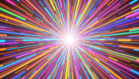 A stunning explosion of light rays in varied colors creates a vibrant and energetic visual. Ideal for background effects in digital media and design projects.の素材