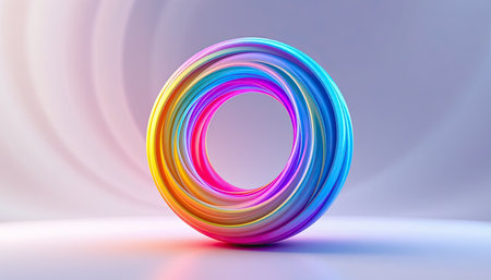 This vibrant abstract design features a colorful swirling 3D ring on a smooth gradient background, perfect for modern art and creative projects.の素材