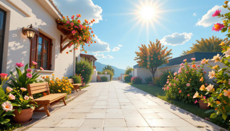 A charming garden pathway lined with vibrant flowers under a bright sun creates a serene atmosphere perfect for relaxation and enjoyment of nature.の素材