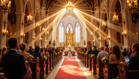 A breathtaking wedding ceremony unfolds in a grand church, showcasing dramatic lighting that enhances the joyous atmosphere and elegant details.の素材