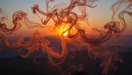 This captivating image features ethereal swirls of smoke dancing against a vibrant sunset, creating a magical fusion of colors over a rugged horizon.の素材