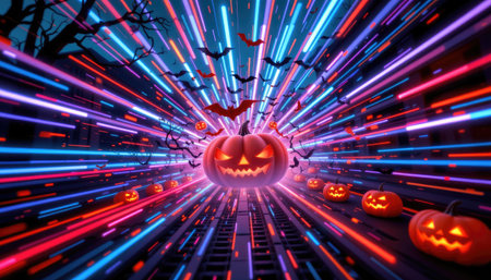 A bright and colorful Halloween-themed image featuring a glowing pumpkin at the center, surrounded by vibrant neon lights and dark trees, perfect for seasonal decor or festive inspiration.の素材