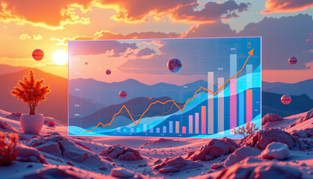 A stunning blend of nature and technology, this image features a futuristic data visualization against a breathtaking sunset backdrop, highlighting growth trends.の素材