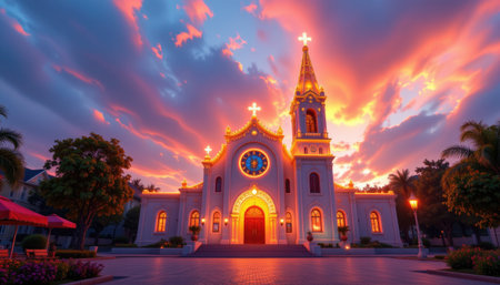 A stunning view of a majestic church illuminated by warm light, set against a vibrant sunset sky filled with dramatic clouds, perfect for showcasing religious architecture.の素材