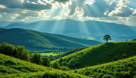 Captivating landscape featuring rolling green hills, a single tree, and radiant sunlight streaming through fluffy clouds, perfect for nature lovers.の素材