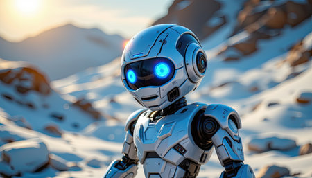 A charming robotic character with glowing blue eyes stands in a winter wonderland, showcasing a futuristic design against a breathtaking snowy mountain backdrop.の素材