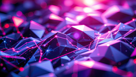 This abstract digital background features geometric shapes illuminated by neon light effects, creating a vibrant atmosphere perfect for modern design projects.の素材