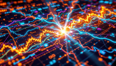 This vivid abstract image showcases colorful lines and graphs that represent stock market trends, highlighting data visualization in finance and investment analysis.の素材
