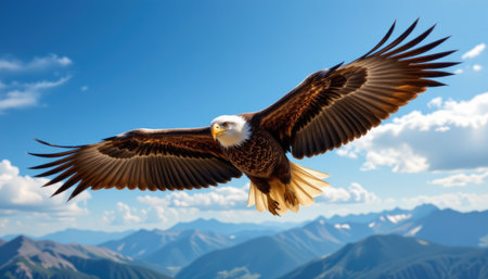 A stunning bald eagle soars gracefully over a picturesque mountainous landscape under a vast blue sky, showcasing its full wingspan and natural beauty.の素材