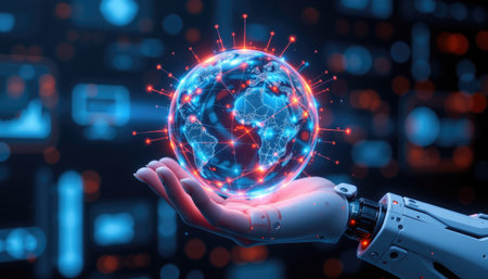 A futuristic robotic hand elegantly cradles a glowing globe, representing connectivity and technology. Digital data visualizations emanate, signifying innovation and interaction.の素材