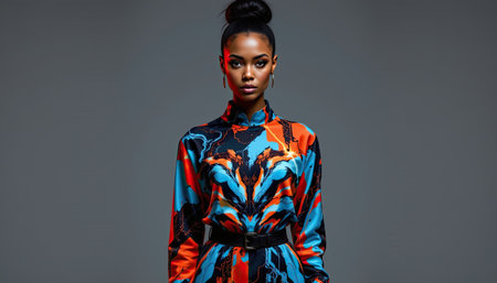 A stunning portrait of a confident woman wearing a vibrant blue and orange dress featuring abstract patterns. The image captures elegance and modern fashion against a clean grey backdrop.の素材