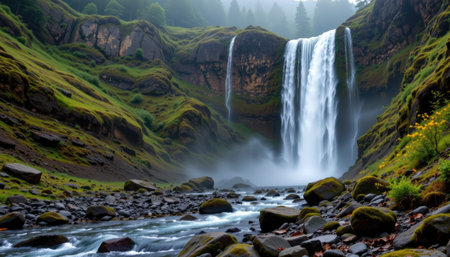 A magnificent waterfall cascades down rocky cliffs into a tranquil river, surrounded by vibrant greenery and enveloped in a soft, misty ambiance.の素材