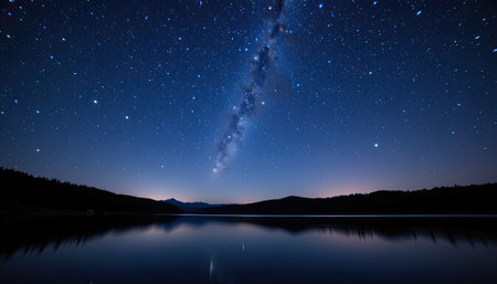 A breathtaking view of a clear night sky filled with sparkling stars and the stunning Milky Way, reflecting on the calm surface of a tranquil lake.の素材