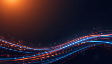A stunning abstract background featuring smooth glowing light trails in blue and orange. This composition creates a vibrant and dynamic scene ideal for technology and creative projects.の素材