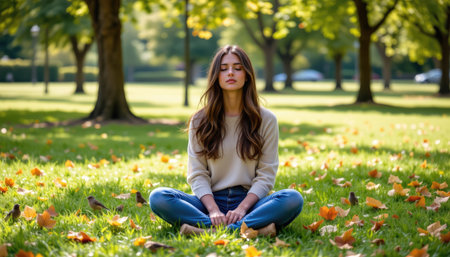 A young woman sits peacefully in a park, meditating on the grass, surrounded by colorful autumn leaves, embodying tranquility and mindfulness in nature.の素材
