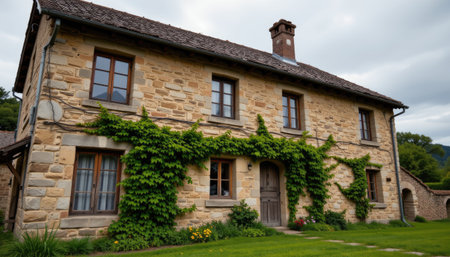 A captivating stone house nestled in nature, featuring vibrant greenery and a welcoming garden, perfect for serene living and rural aesthetics.の素材