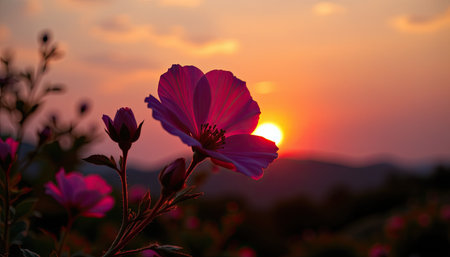 A stunning pink flower captures the beauty of a sunset in a serene landscape, showcasing vibrant colors and soft natural light, perfect for nature lovers.の素材