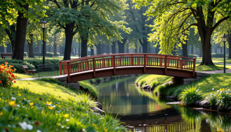 A serene park scene featuring a wooden bridge spanning over calm water, surrounded by lush greenery and vibrant flowers, creating a tranquil atmosphere.の素材