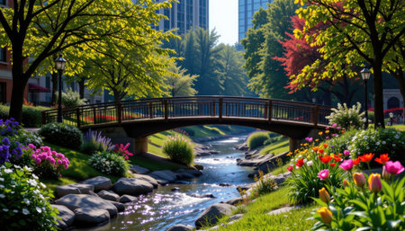 A peaceful urban park scene features a charming bridge over a flowing stream surrounded by vibrant flowers and lush greenery, perfect for relaxation.の素材